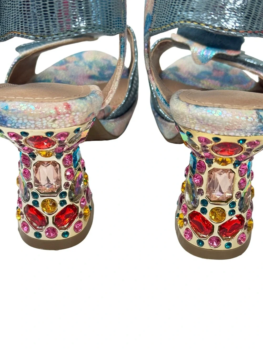 L'ARTISTE Smashing Blue Floral Sandal Multicolor Jeweled Block Heel